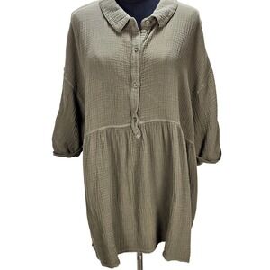 Women's Mododoc XL Olive Green Cotton Gauze Babydoll Midi Dress Minimalist
